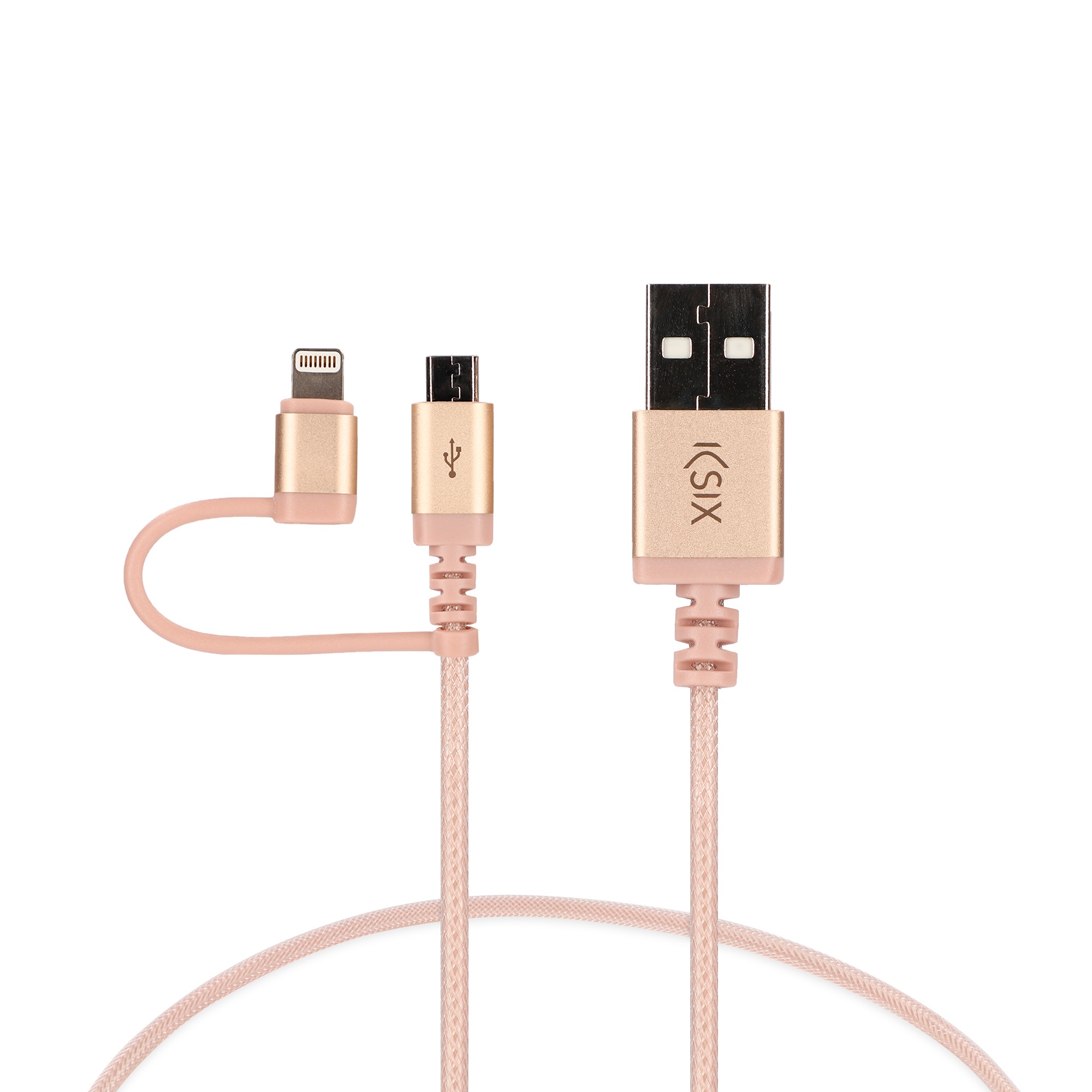 KSIX CHARGE & SYNC CABLE 2IN1 METALLISED USB-A MICRO-USB+LIGHTNING 1M PINK GOLD