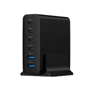 Chargeur rapide USB GaN 75 W à 6 ports, noir (Les ports de type C prennent en charge 25 W PD, les ports de type A prennent en charge 18 W QC 3.0)