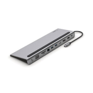 Belkin CONNECT USB-C 11-in-1 Multiport Dock.   3.5mm audio in/out VGA port SD 3.0 card reader  MicroSD 3.0 card reader Gigabit Ethernet port  USB-A 3.0 BC1.2 ports USB-A 2.0 port 4K DisplayPort 1.2 4K HDMI 1.4 USB-C PD port Compatible with Mac, Windows, and Chrome devices